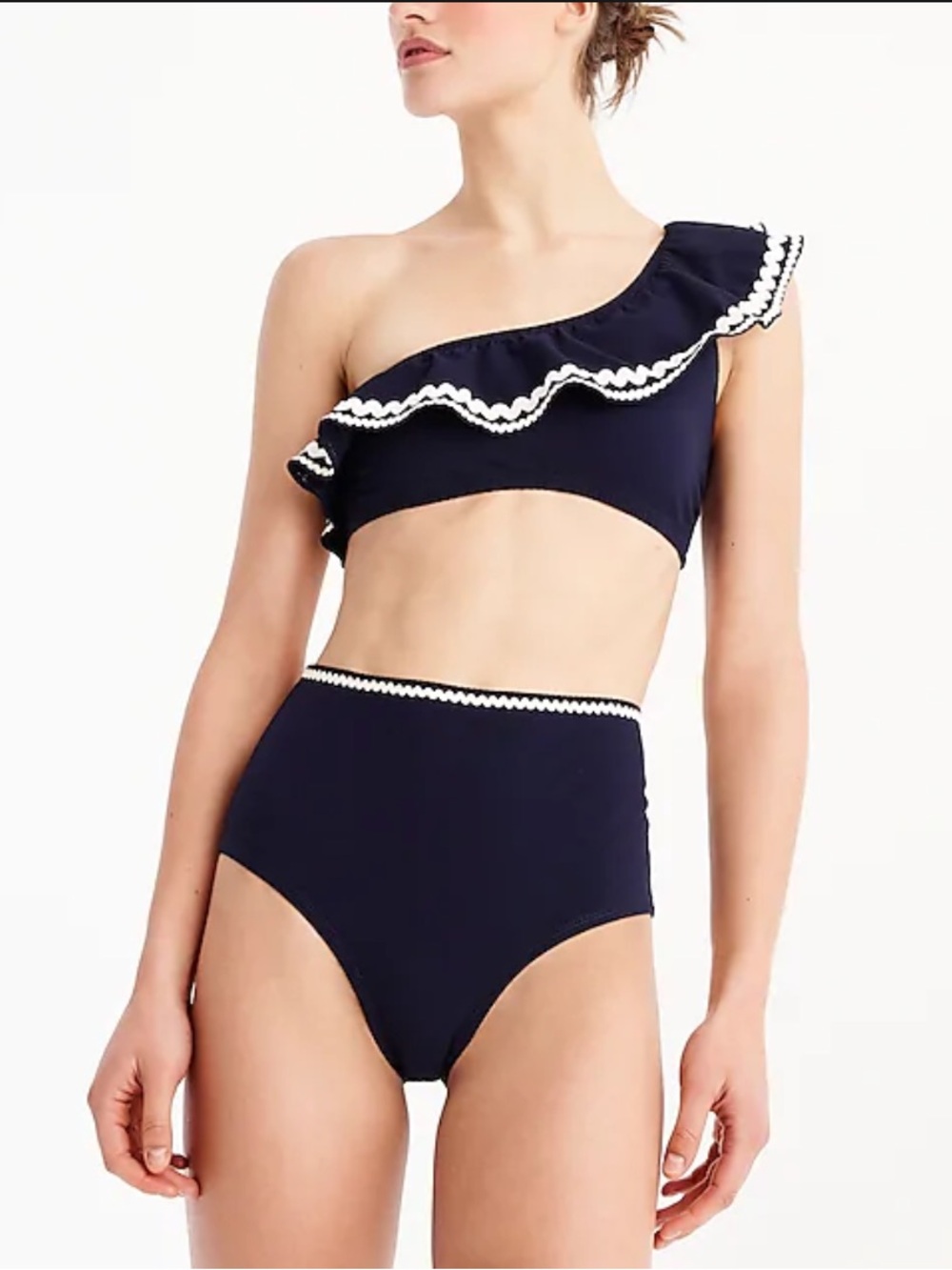 NWT J. Crew One Shoulder Ruffle Pique Rick Rack Bikini
